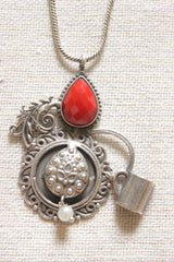 Tea Kettle and Cup Shape Petite Silver Chain Oxidised Finish Necklace Embellished with Red Stone
