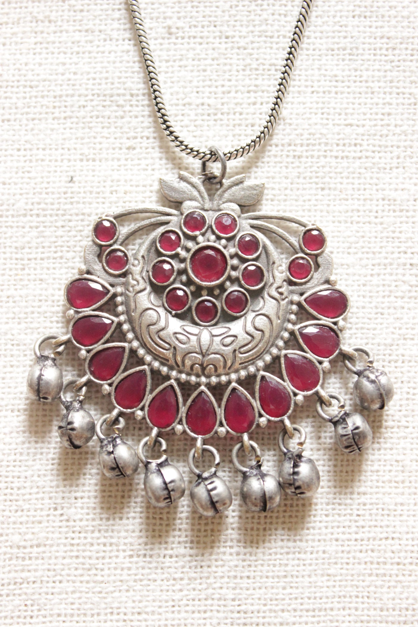 Ruby Red Stones Embedded and Ghungroo Beads Petite Silver Chain Oxidised Finish Necklace