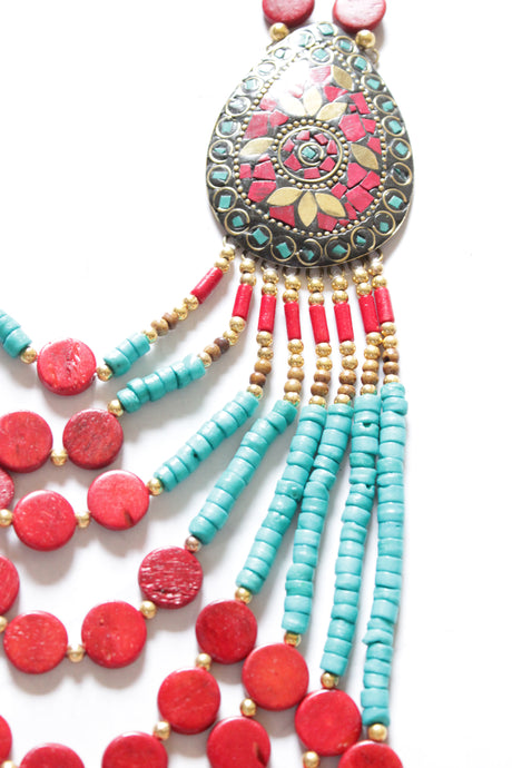 Turquoise and Red Bone Beads Handcrafted Multi-Layer African Tribal Necklace