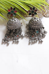 Oxidised Finish Red and Green Glass Stones Embedded Afghani Jhumka Earrings