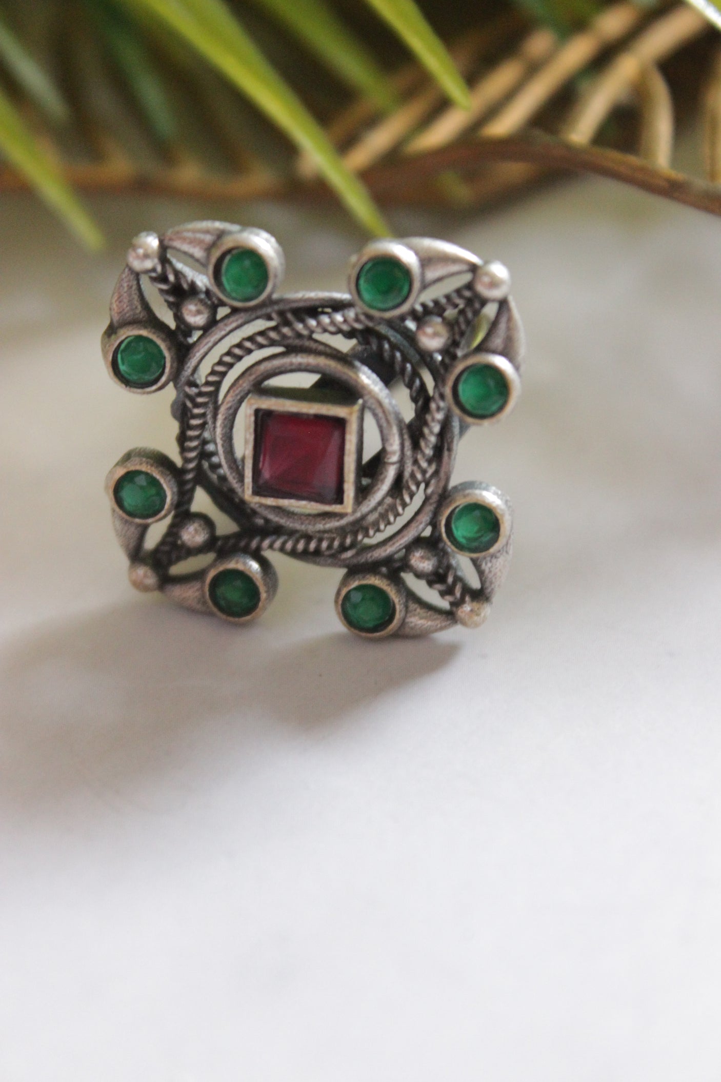 Red and Green Glass Stones Embedded Oxidised Finish Adjustable Ring