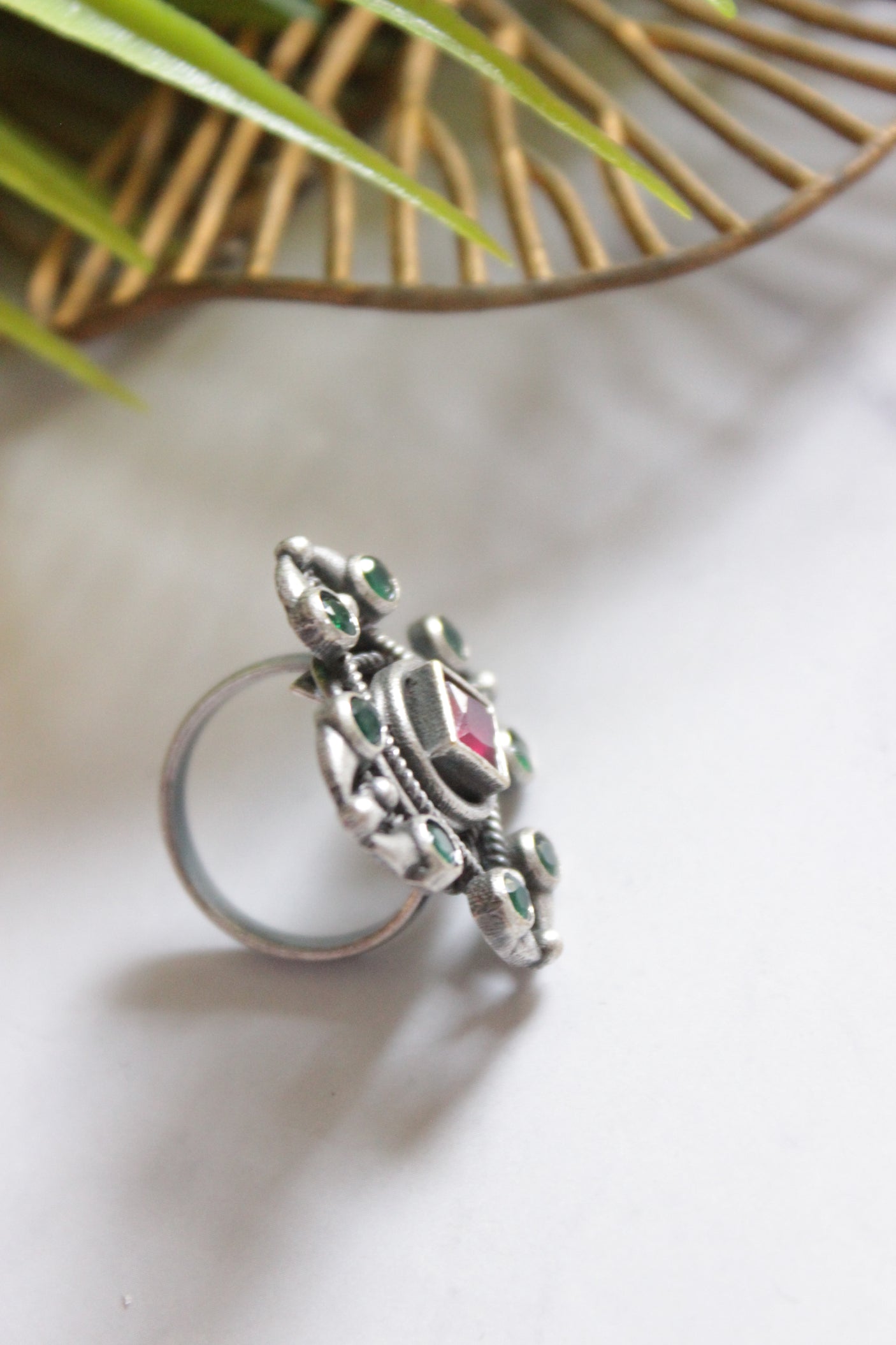 Red and Green Glass Stones Embedded Oxidised Finish Adjustable Ring