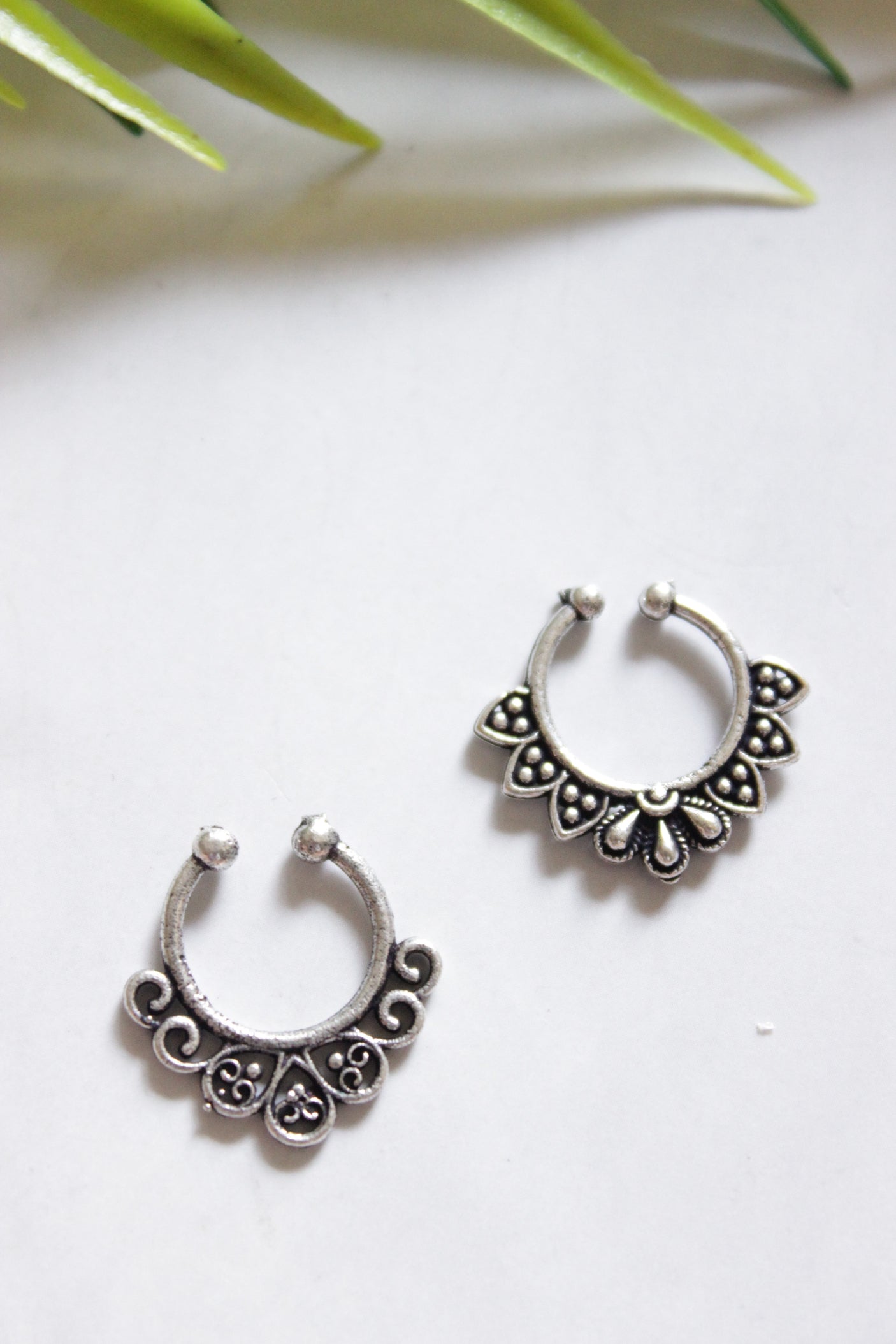 Set of 2: Premium Oxidised Finish Pure Silver Clip On Septum Ring Nosepins