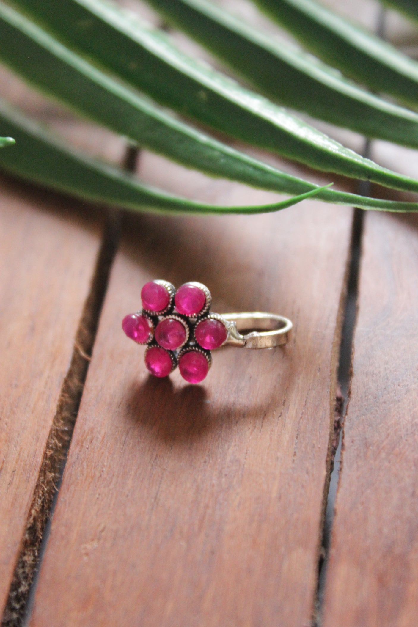 Ruby Pink Stones Flower Shape Silver Clip On Nosepin