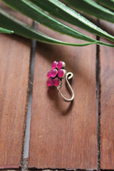 Ruby Pink Stones Flower Shape Silver Clip On Nosepin