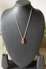 Red Glass Stone Petite Gold Chain Long Necklace