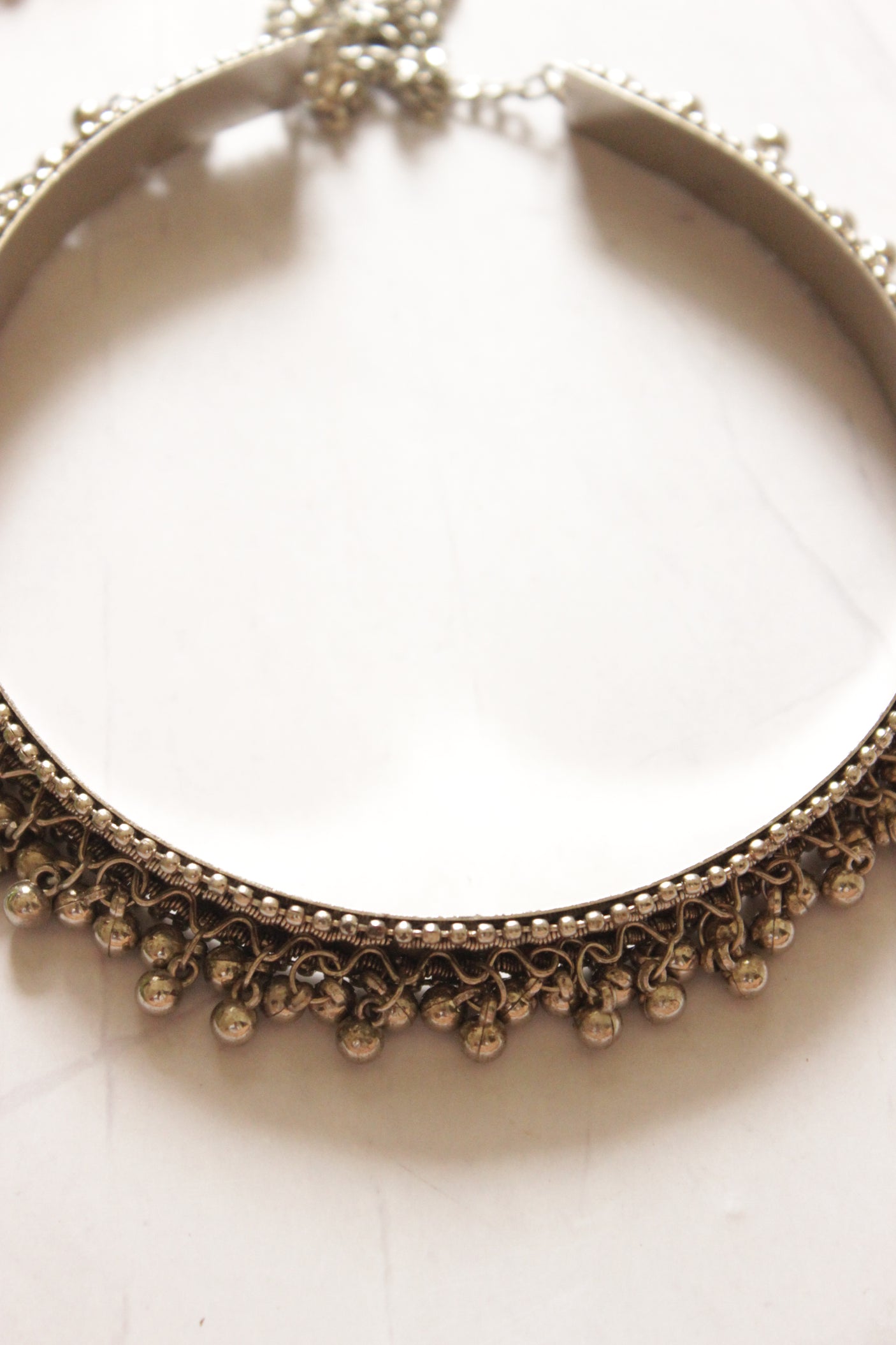 Oxidised Finish Afghani Traditional Ghungroo Hasli Choker Necklace with Ghungroo Hoop Earrings