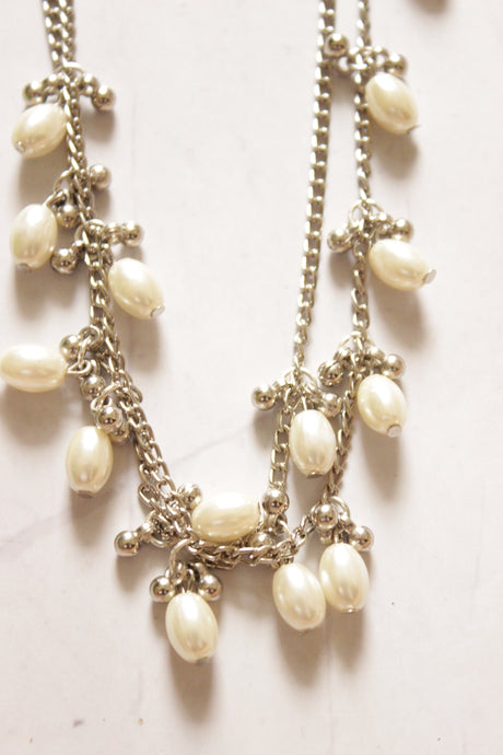 Ivory Pearl Beads and Ghungroo Beads Metal Chain 2-Layer Necklace