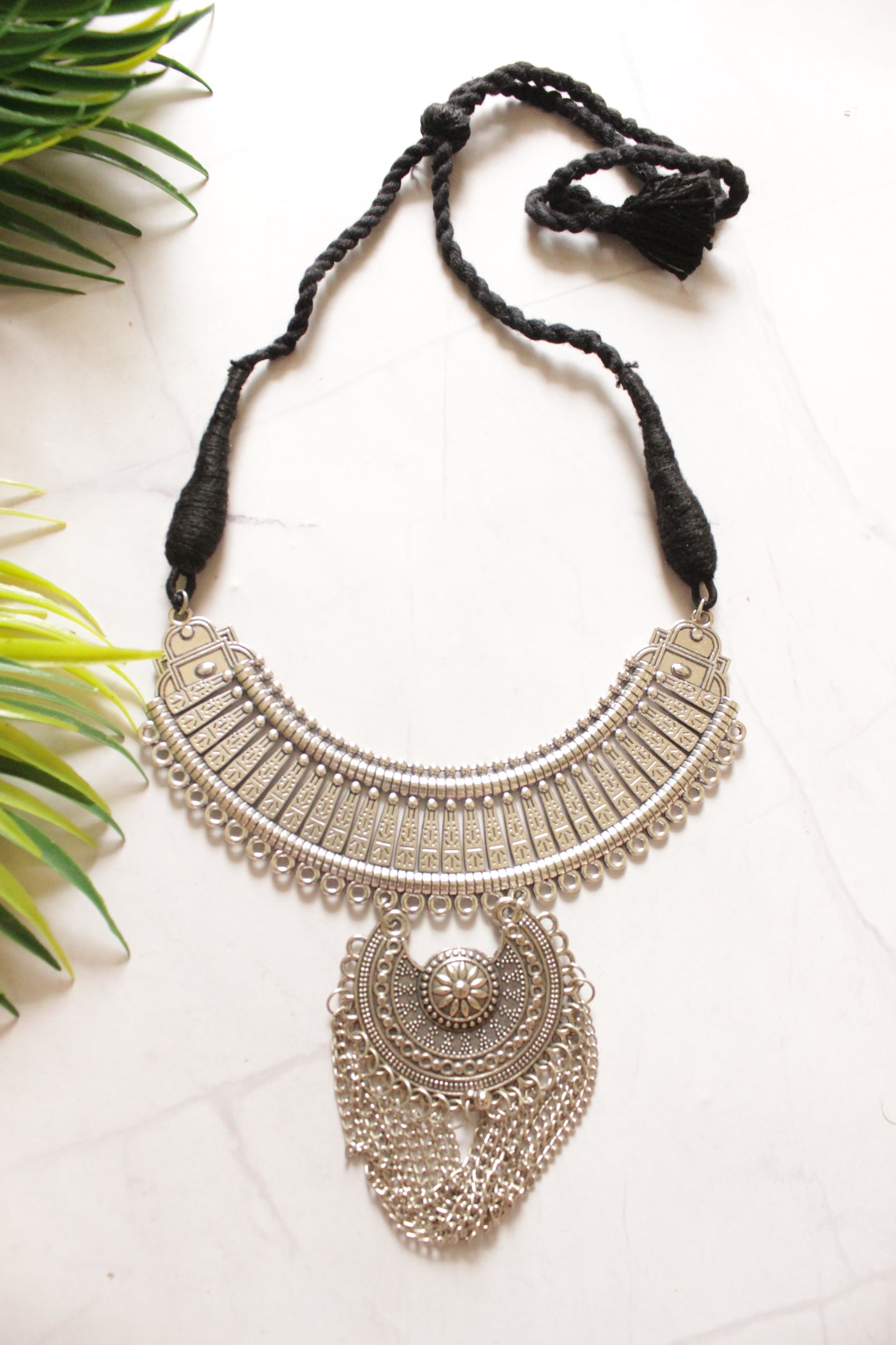 German Silver Designer Hasli with Tassel Chain Chandbali Thread Dori Closure Necklace