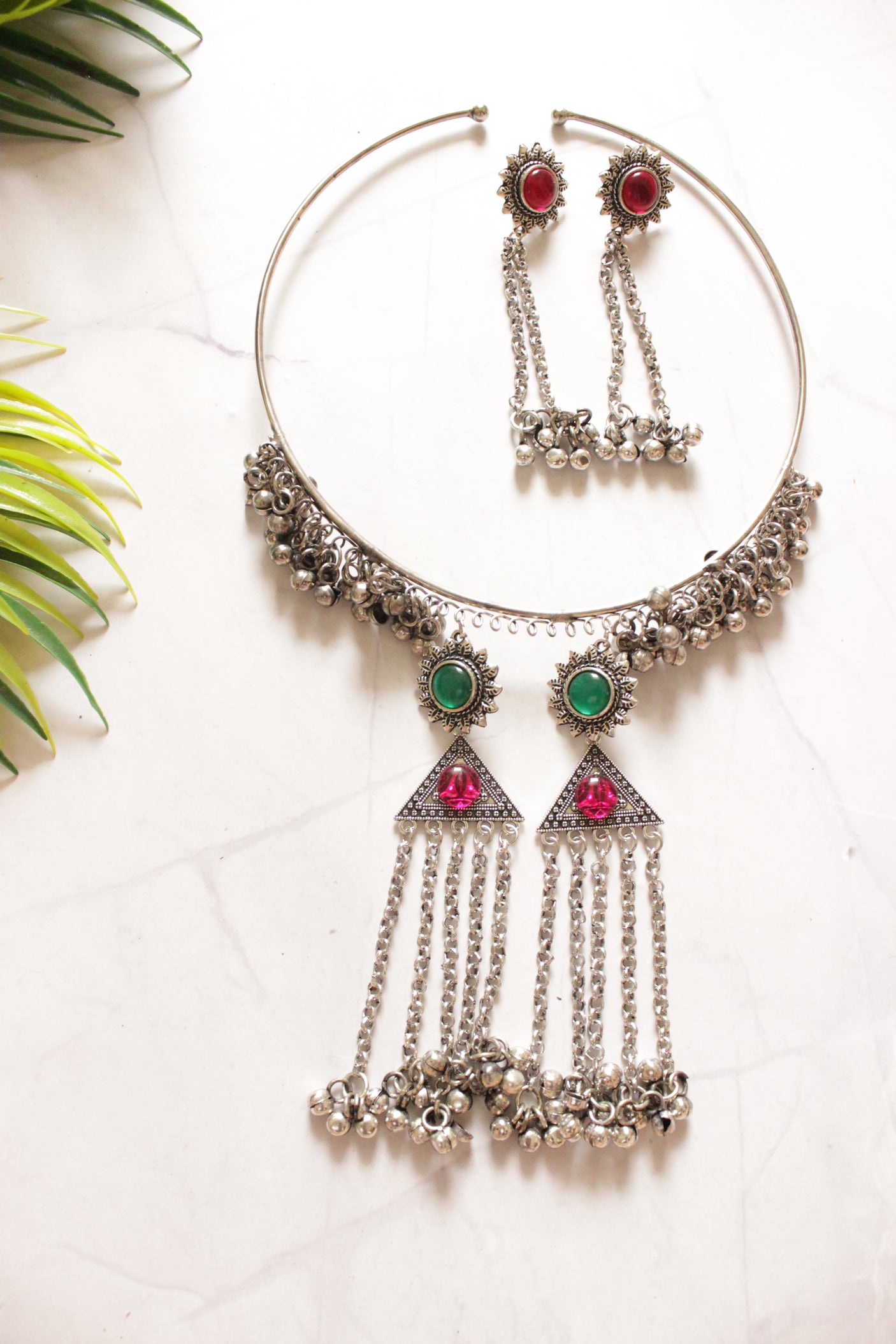 Pink and Green Stones Embedded Tassel Chains Hasli Necklace Set