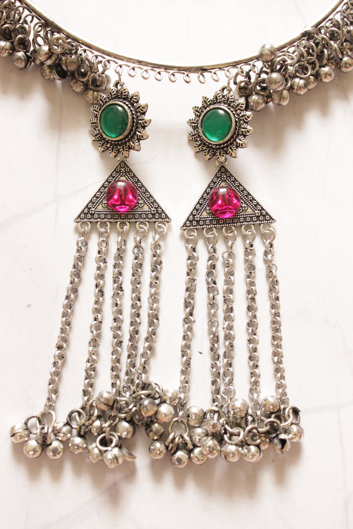 Pink and Green Stones Embedded Tassel Chains Hasli Necklace Set