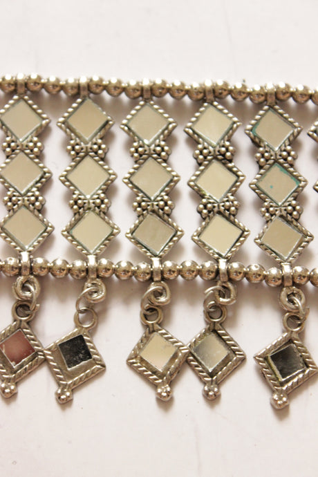 Handmade Square Mirror Work Choker Necklace Set with Adjustable Thread Closure