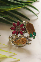 Dual Tone Premium Flower & Peacock Motif Red & Green Stones Embedded Statement Cocktail Ring