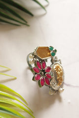 Dual Tone Premium Flower & Peacock Motif Red & Green Stones Embedded Statement Cocktail Ring