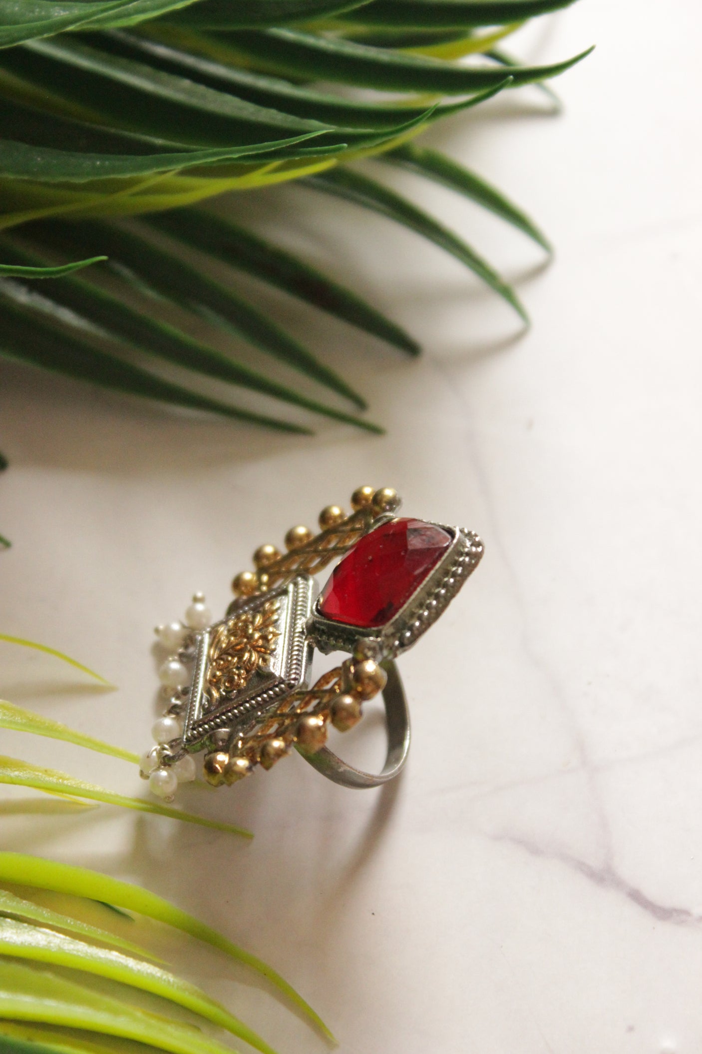 Dual Tone Red Center Stone Statement Cocktail Ring