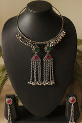 Pink and Green Stones Embedded Tassel Chains Hasli Necklace Set