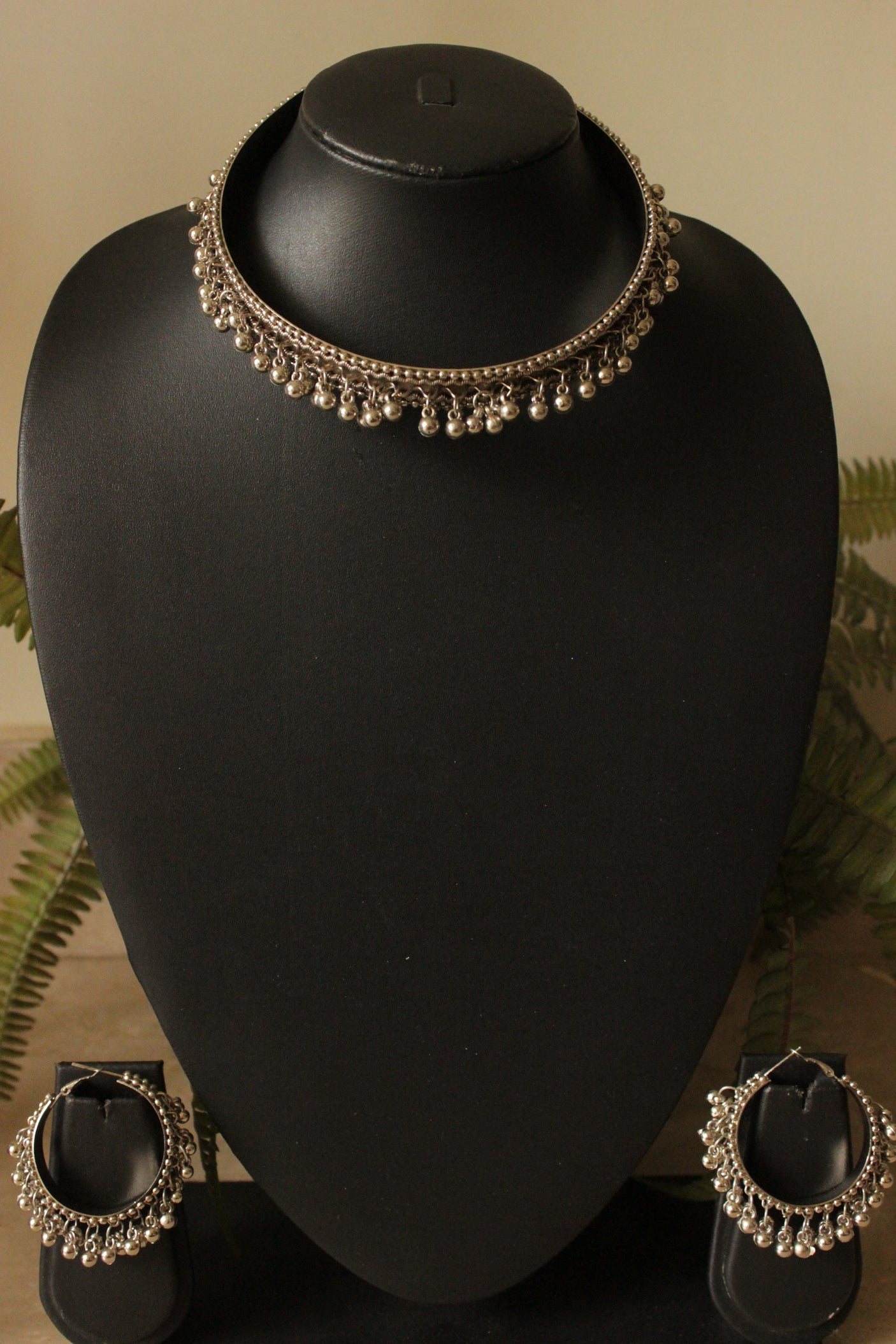 Oxidised Finish Afghani Traditional Ghungroo Hasli Choker Necklace with Ghungroo Hoop Earrings