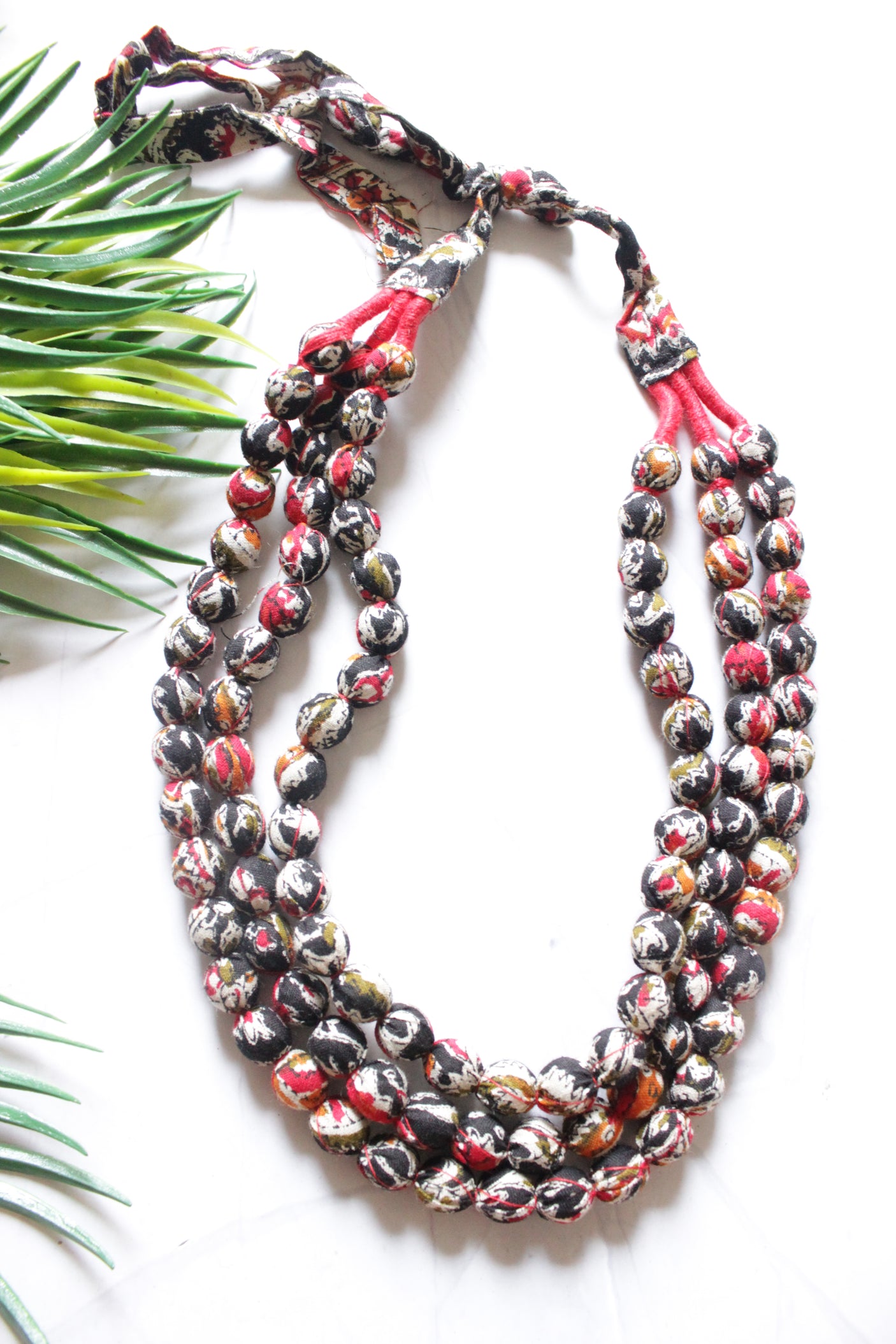 Black & Red Block Printed Kalamkari Fabric Beads Handmade 3 Layer Necklace Set