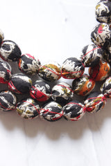 Black & Red Block Printed Kalamkari Fabric Beads Handmade 3 Layer Necklace Set