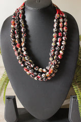 Black & Red Block Printed Kalamkari Fabric Beads Handmade 3 Layer Necklace Set