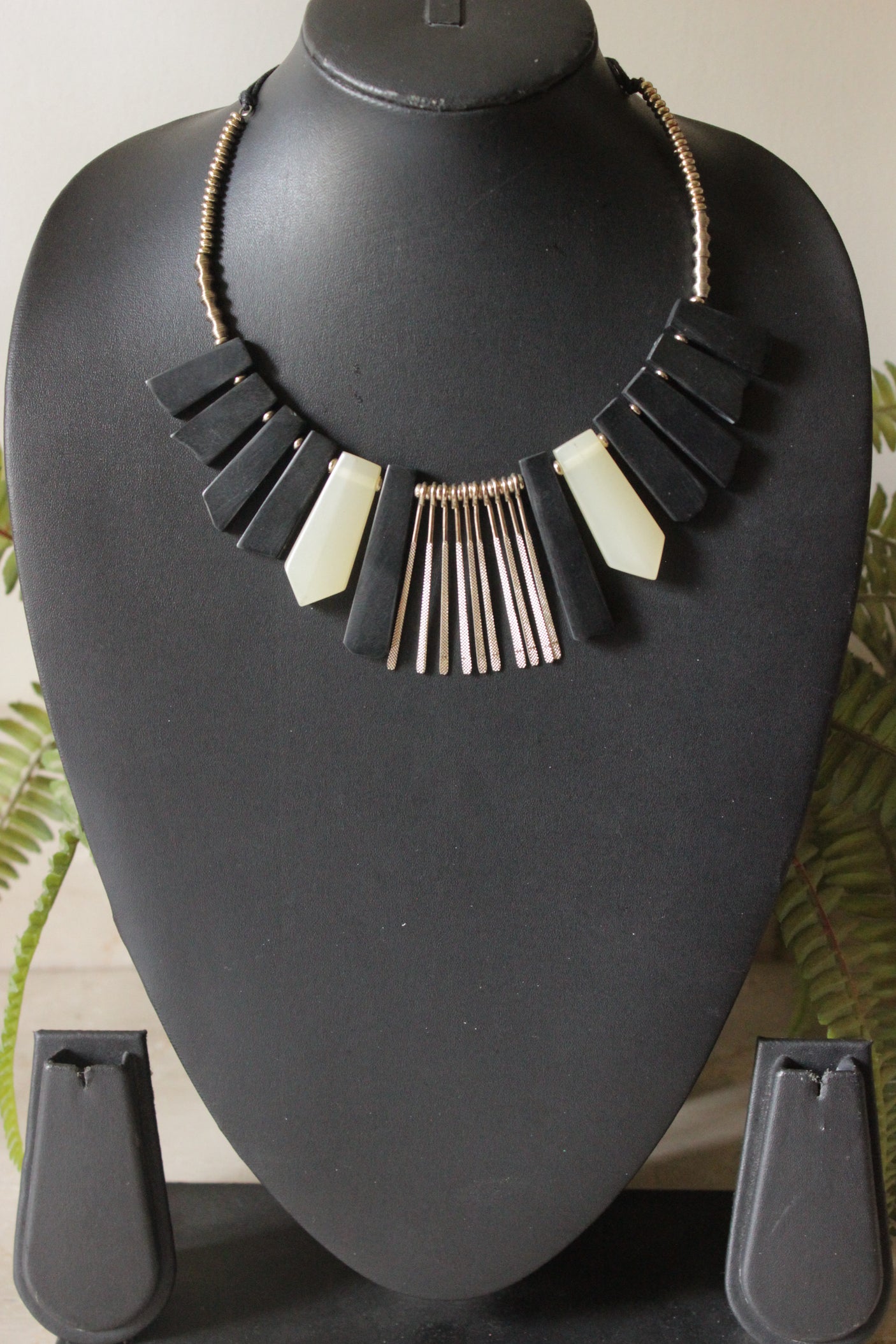 Black and White Acrylic Beads and Golden Metal Accents Boho Necklace