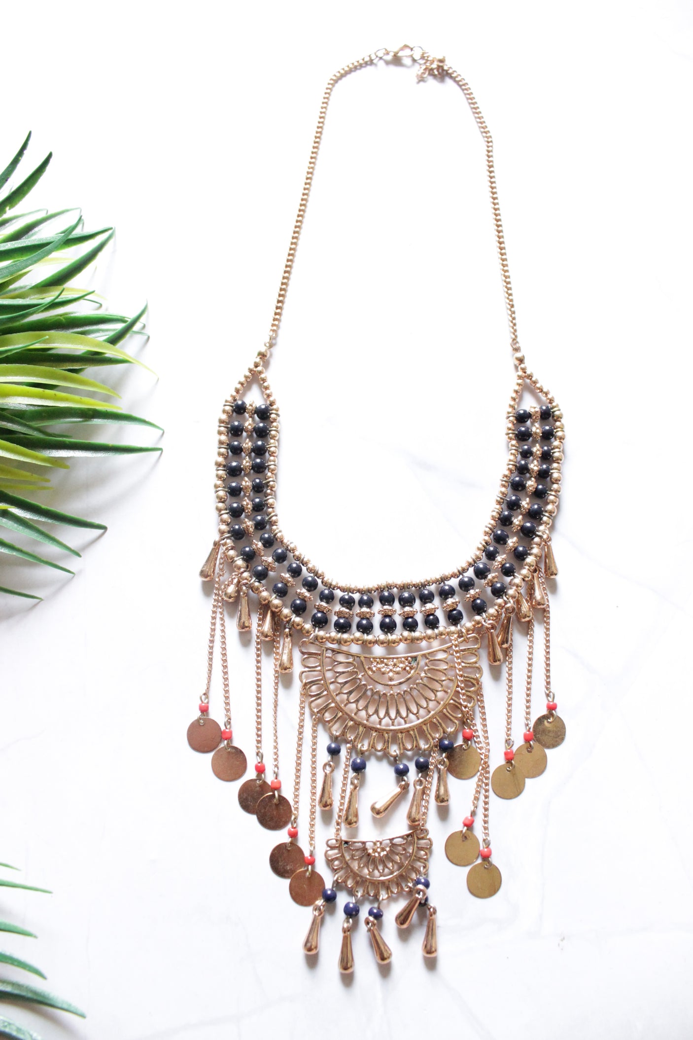 Blue Beads and Matt Gold Finish Metal Elaborate Necklace