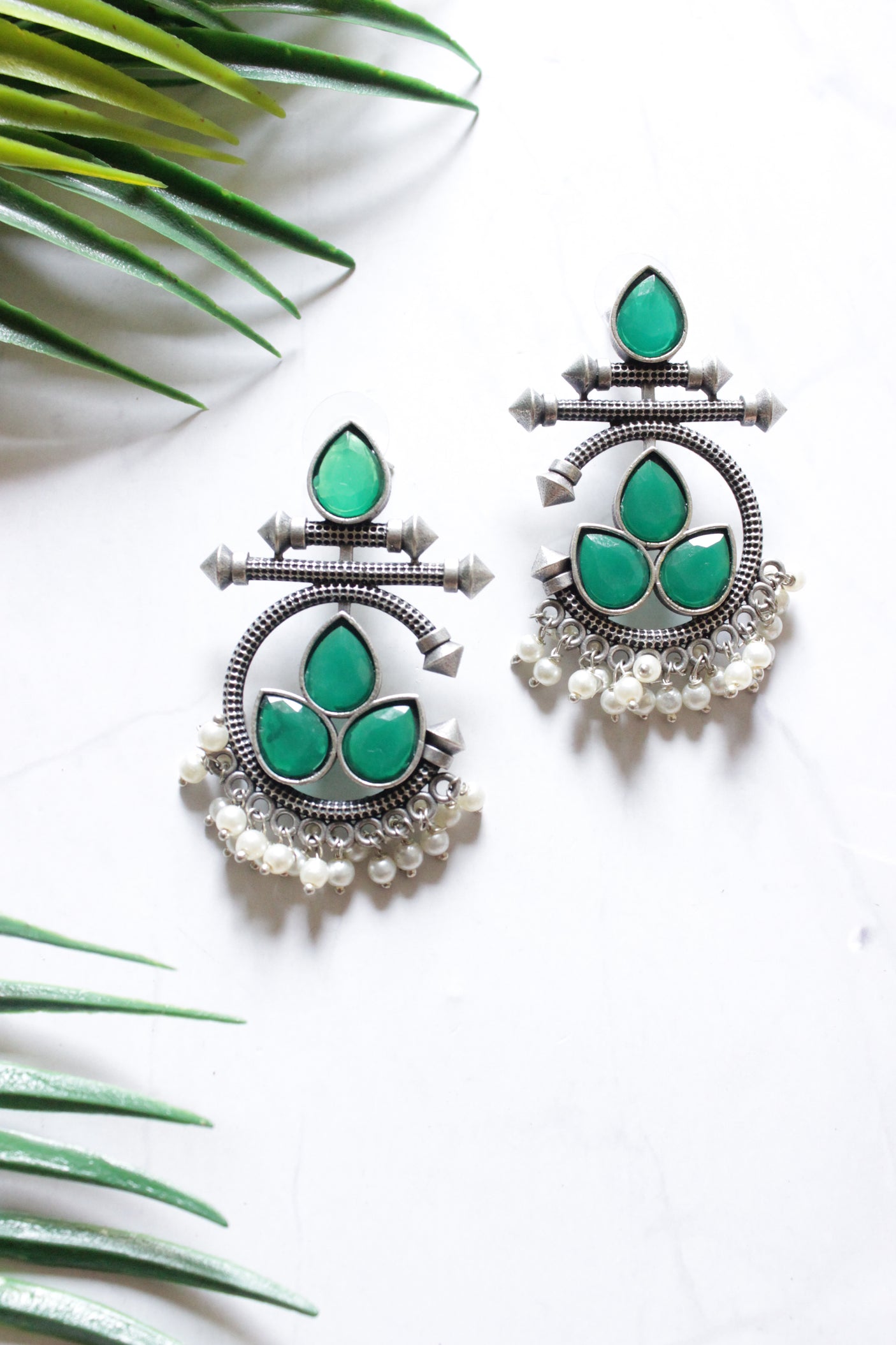 Green Stones Embedded Premium Oxidised Finish Ethnic Earrings