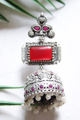 Red and Pink Stones Embellished Oxidised Finish Jhumka Earrings