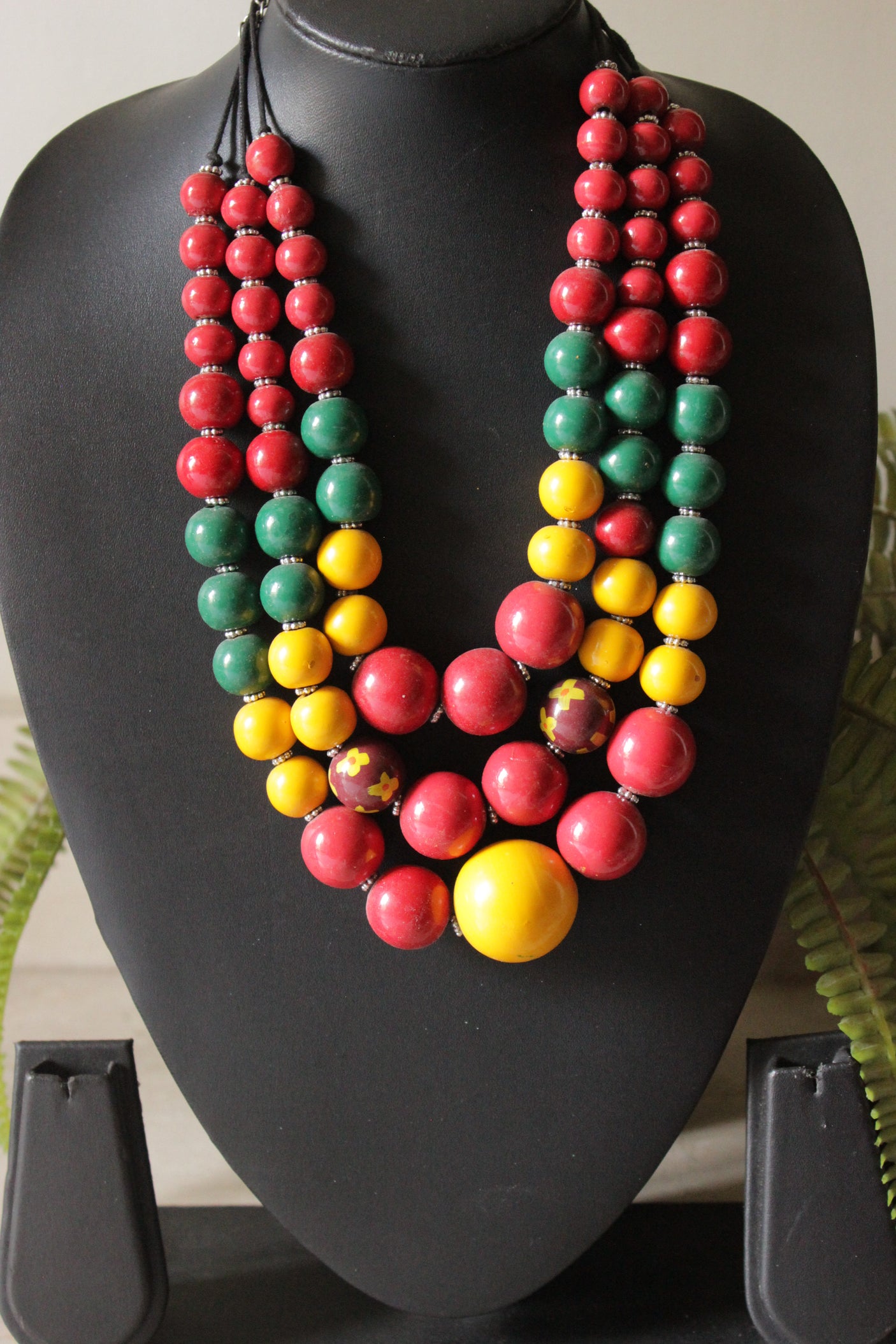 Multi-Color Vibrant Wooden Beads 3 Layer Handmade Necklace