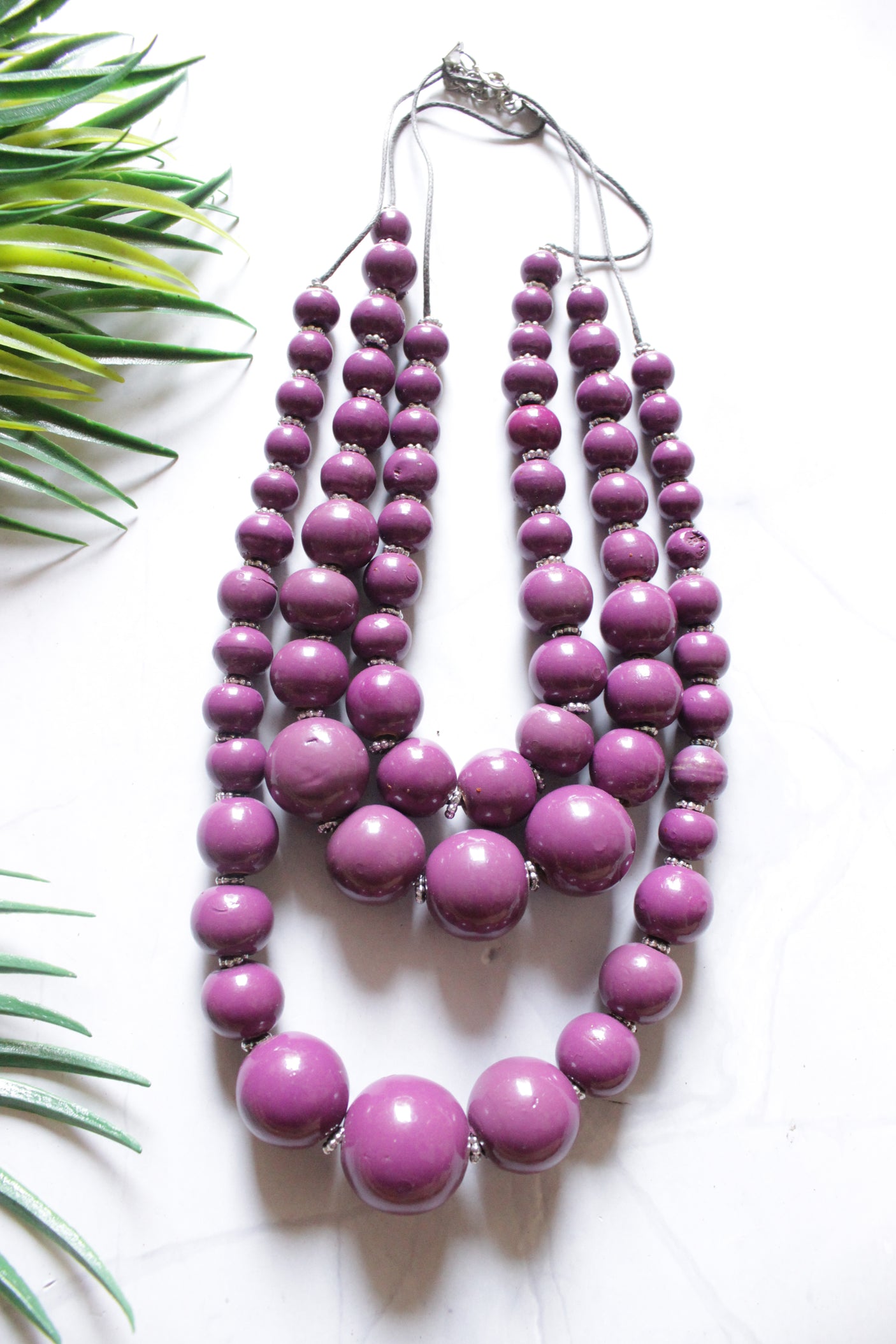 Vibrant Violet Wooden Beads 3 Layer Handmade Necklace