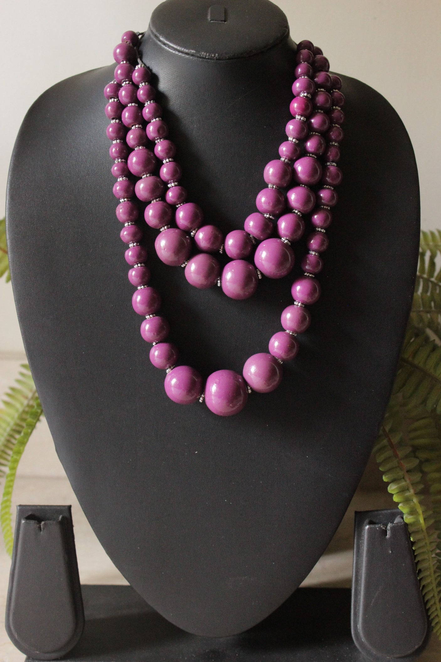 Vibrant Violet Wooden Beads 3 Layer Handmade Necklace