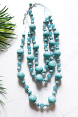 Turquoise Wooden and Glass Beads 3 Layer Handmade Necklace