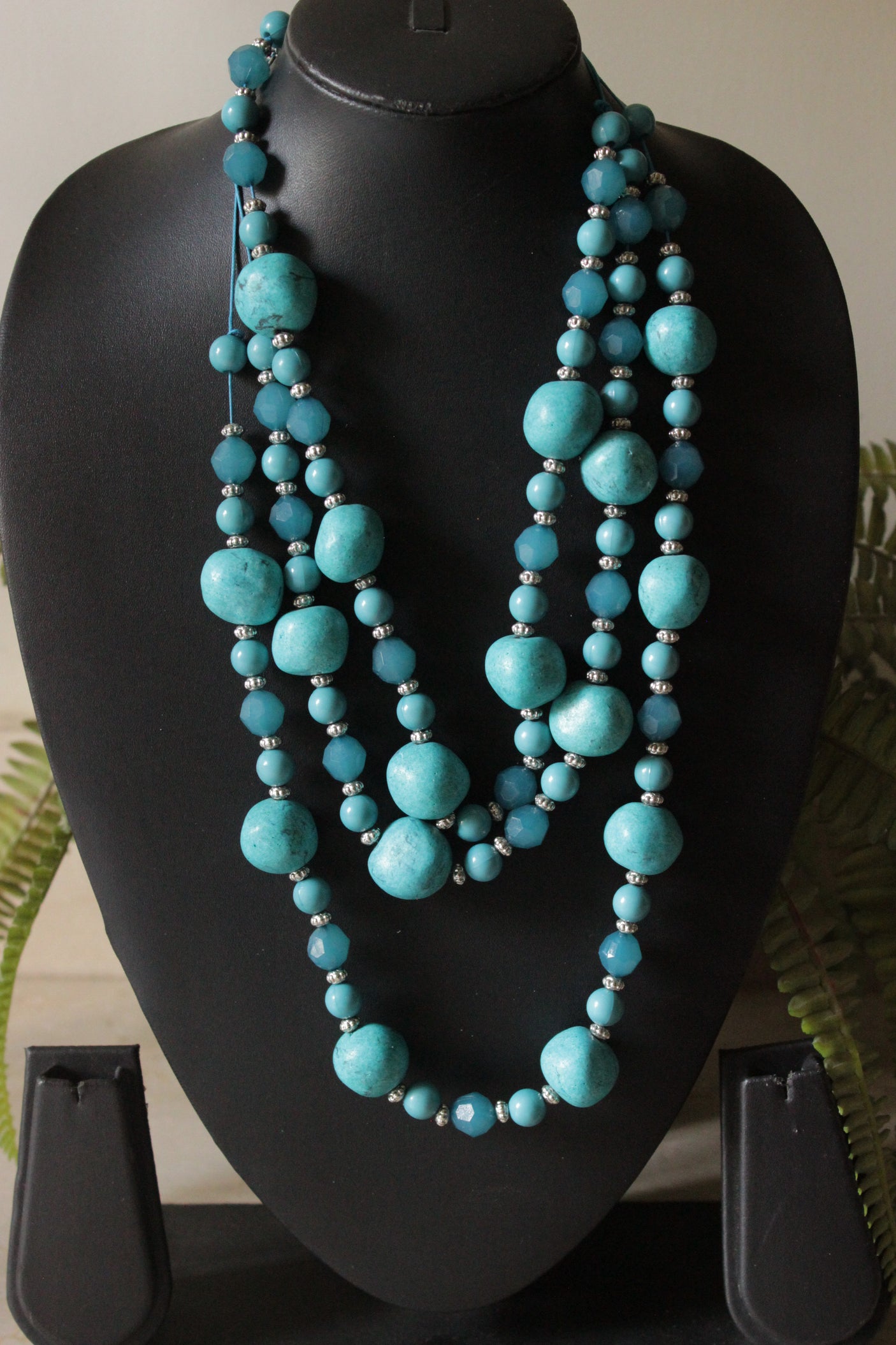 Turquoise Wooden and Glass Beads 3 Layer Handmade Necklace