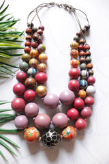 Red, Purple and Gold Hand Painted Wooden Beads 3 Layer Necklace