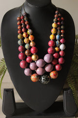 Red, Purple and Gold Hand Painted Wooden Beads 3 Layer Necklace