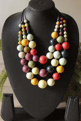 Matt Finish Multi-Color Wooden Beads 3 Layer Necklace