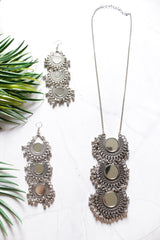 Mirror Work Oxidised Finish Metal 3 Layer Pendant and Earrings Necklace Set