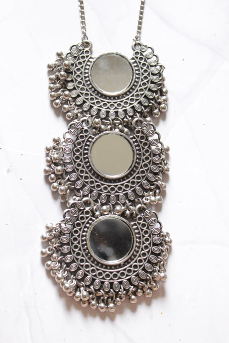 Mirror Work Oxidised Finish Metal 3 Layer Pendant and Earrings Necklace Set