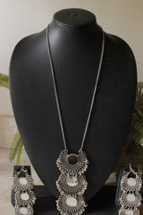 Mirror Work Oxidised Finish Metal 3 Layer Pendant and Earrings Necklace Set