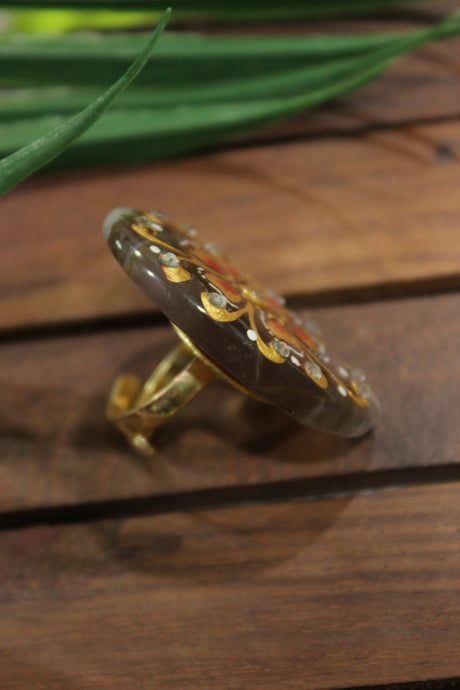 Hand Painted Flowers on Oval Shape Brown Marble Adjustable Cocktail Ring with Hints of Gold