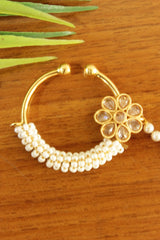 White Glass Stones and Pearl Embellished Gold Finish Clip On Nosepin/Nose Ring with Chain