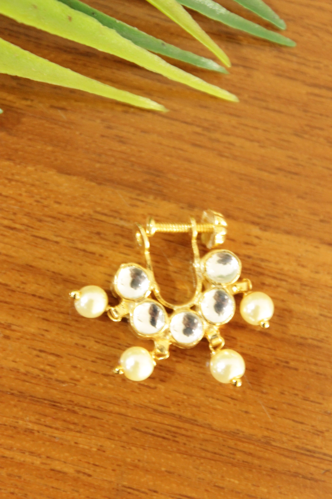 White Stones Embedded Gold Finish Clip On Nosepin/