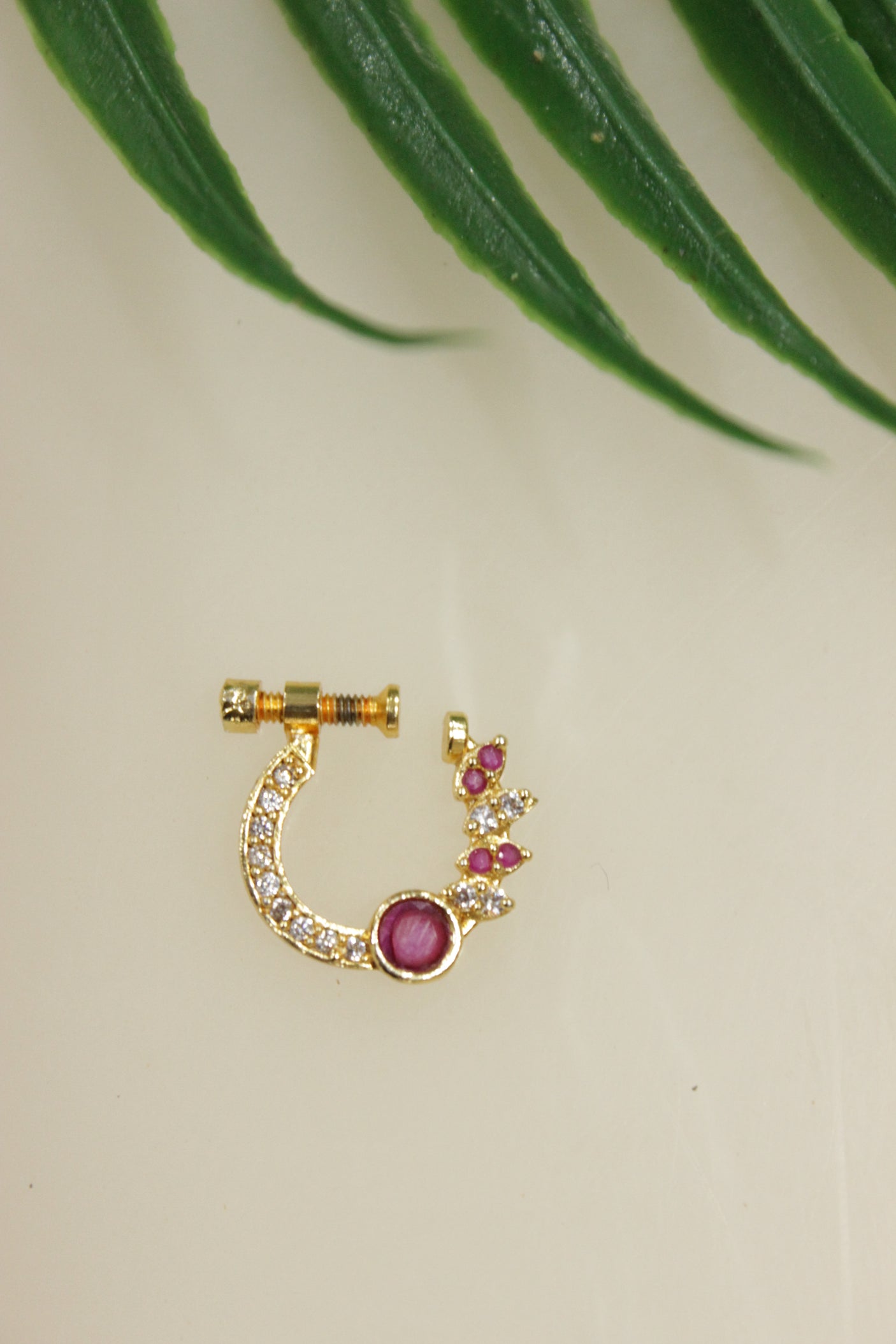 Purple Glass Stones and White Rhinestones Embedded Clip On Nosepin