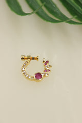 Purple Glass Stones and White Rhinestones Embedded Clip On Nosepin