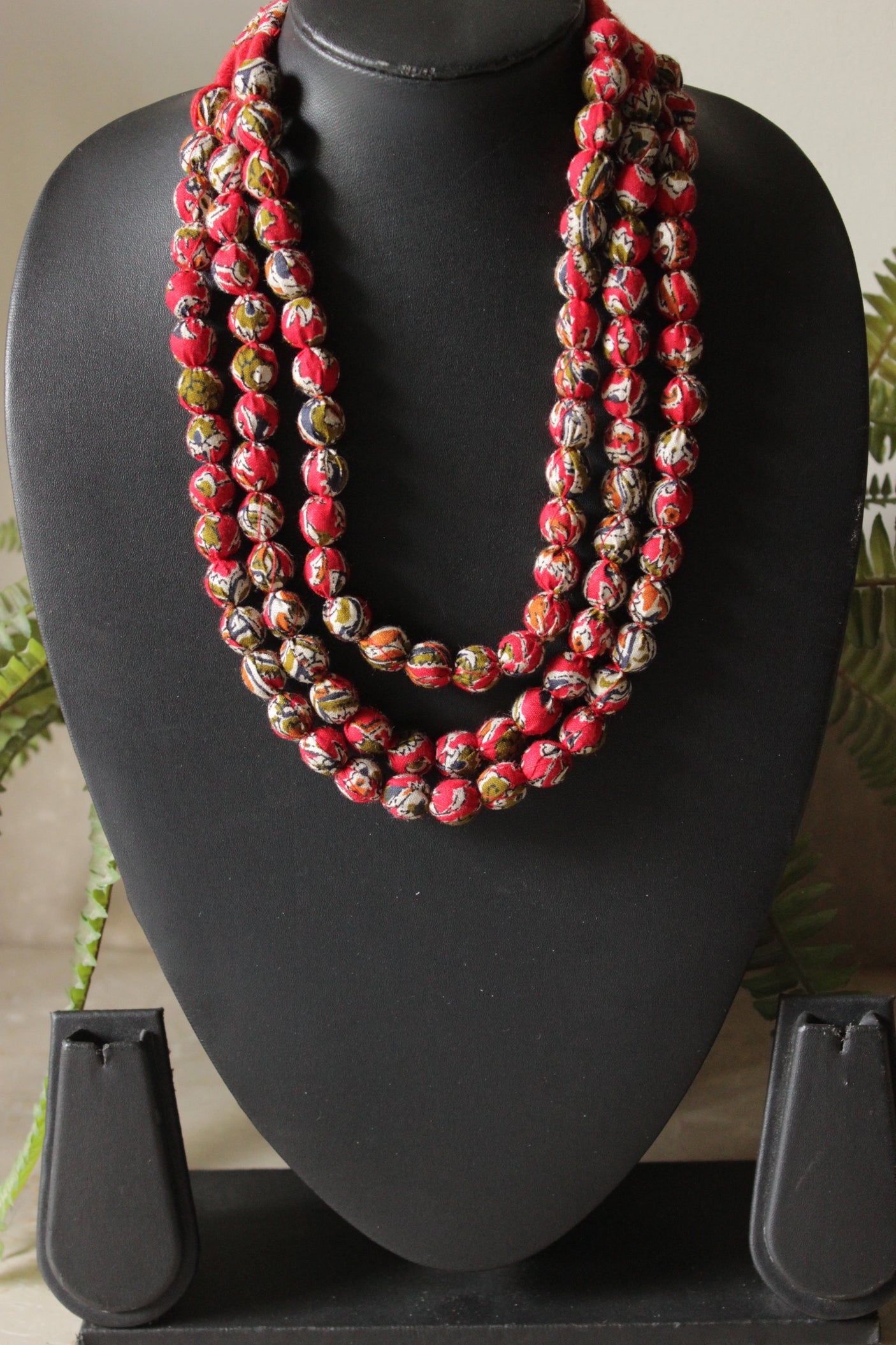 Multi-Layer Red & Green Kalamkari Fabric Beads Necklace