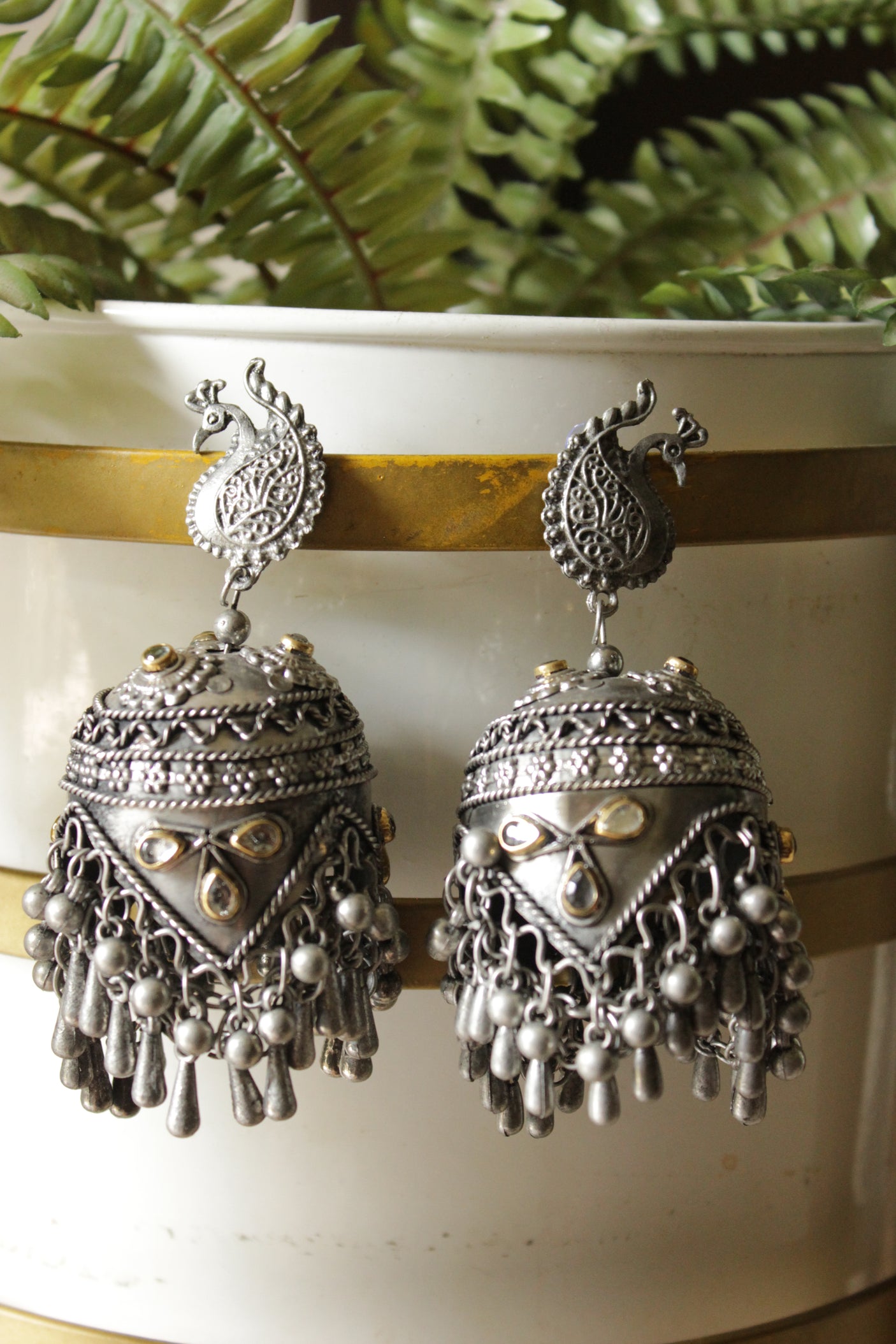 White Stones Embedded Premium Oxidised Finish Jhumka Earrings