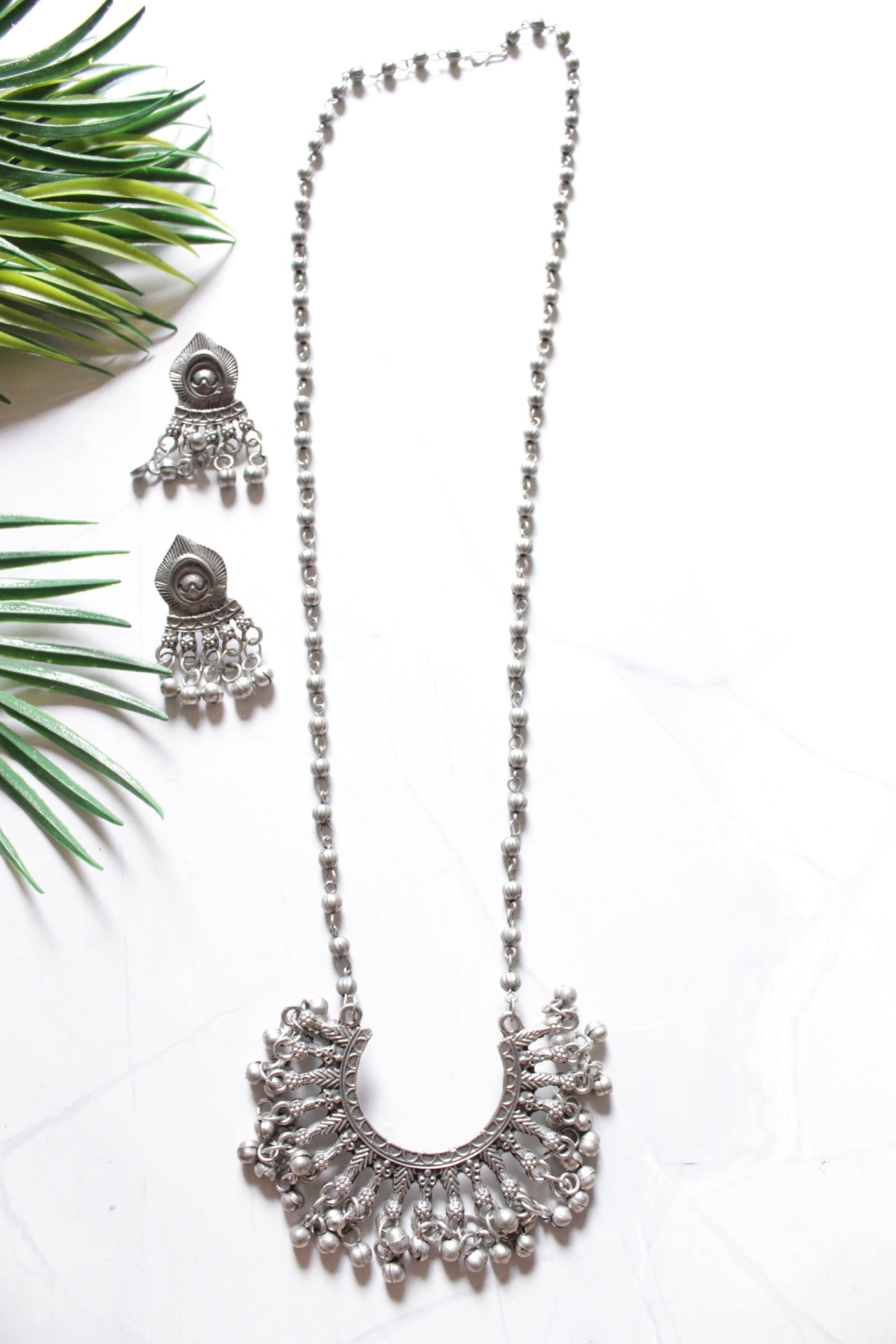 Oxidised Finish Semi Circle Long Beaded Chain Necklace Set