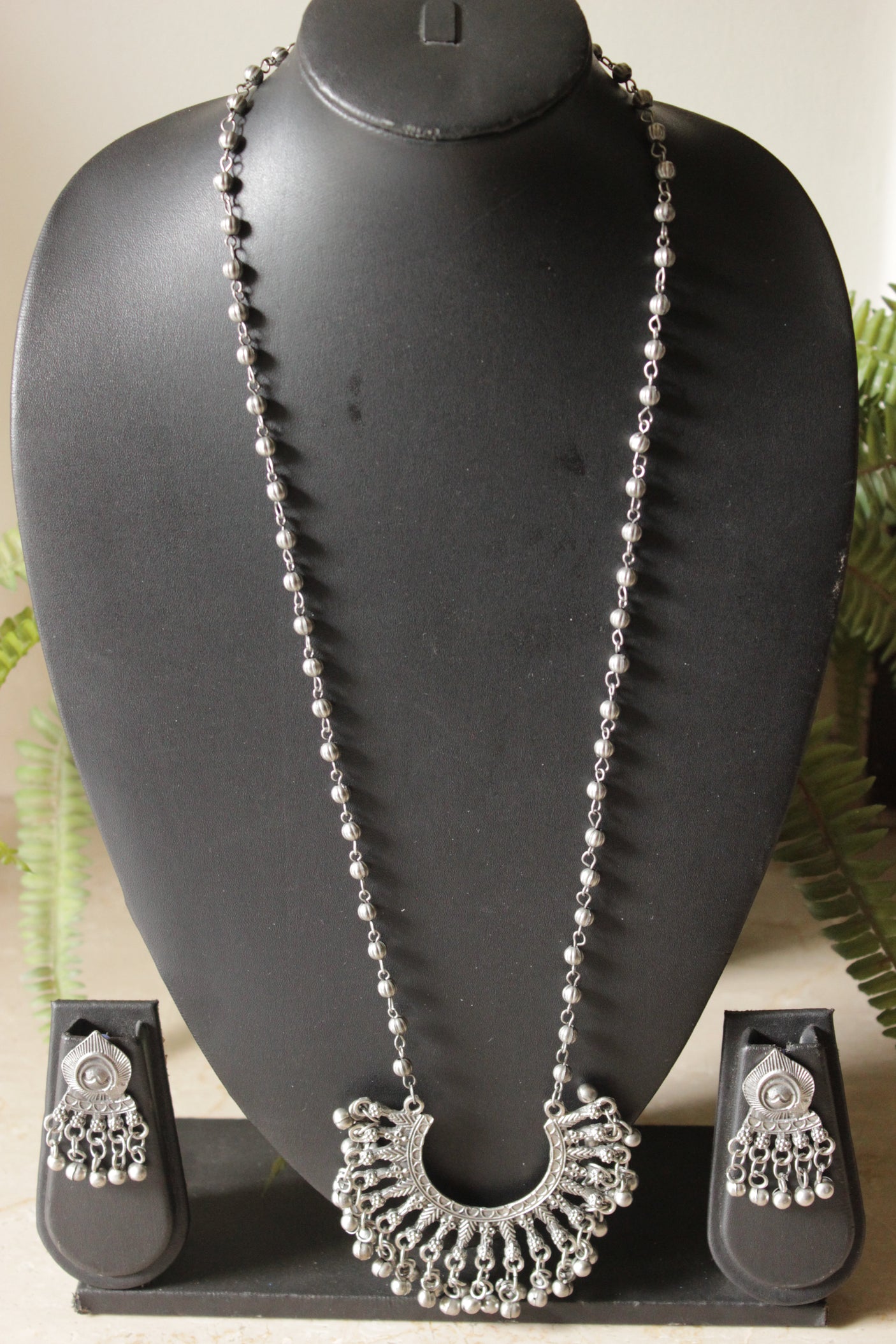 Oxidised Finish Semi Circle Long Beaded Chain Necklace Set