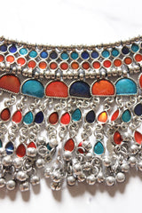 Orange and Blue Glass Stones Silver Finish Choker Necklace Set with Ghungroo Beads Chain