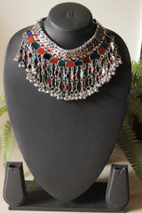 Orange and Blue Glass Stones Silver Finish Choker Necklace Set with Ghungroo Beads Chain